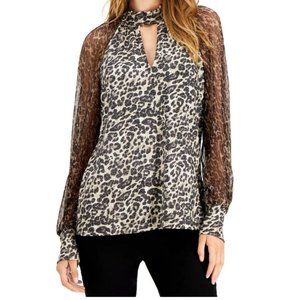 FEVER SPARKLE KNIT KEYHOLE TOP LEOPARD PRINT BLOUSE LONG SLEEVE SIZE MEDIUM NEW